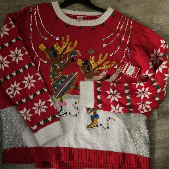 Womens Embellished Red Glitter Sequin Reindeer Christmas UGLY Sweater NWT Sz 1X - Picture 3 of 5